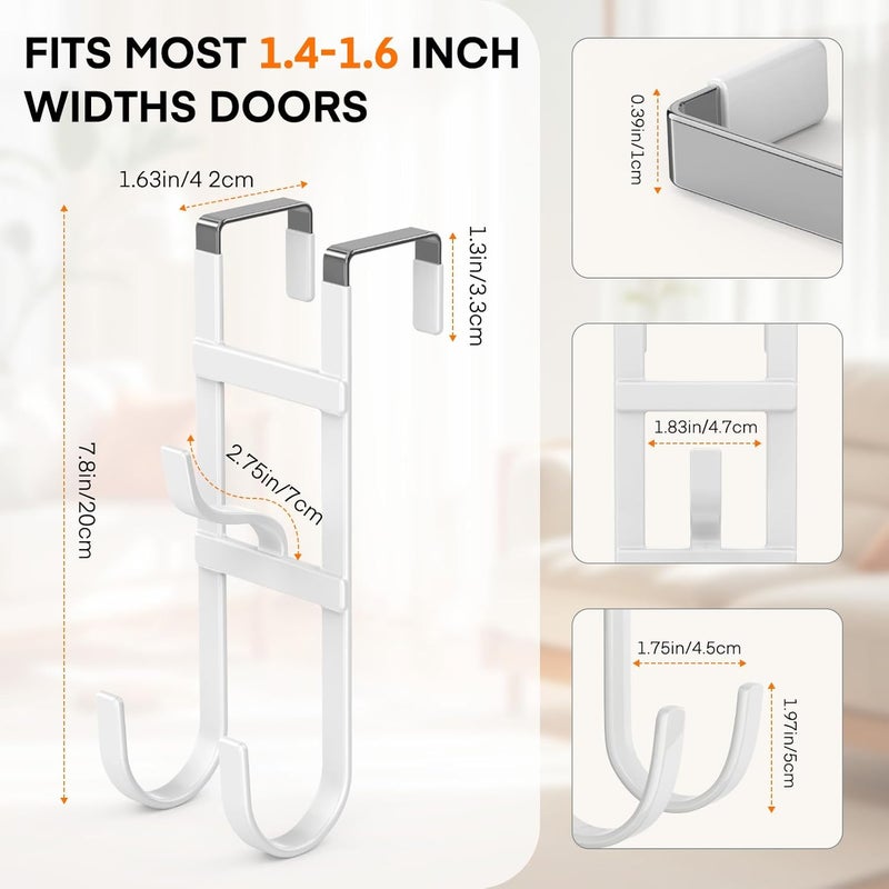 FYY Over The Door Hooks - 2 Pack Heavy Duty Triple-Hook Organizer Hanger with Non-Slip Rubber for Towels, Clothes, Hats & Bags Use in Bathroom, Bedroom, Kitchen - Fits Interior Doors Up to 1.6" White - Image 2